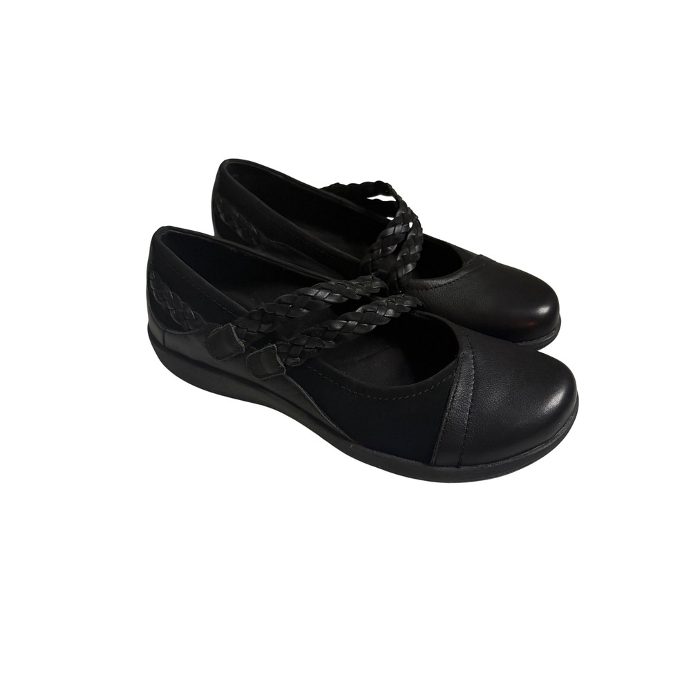 Aetrex Annie Black Leather Braided Double Strap Mary Jane Flats Women Size 7.5